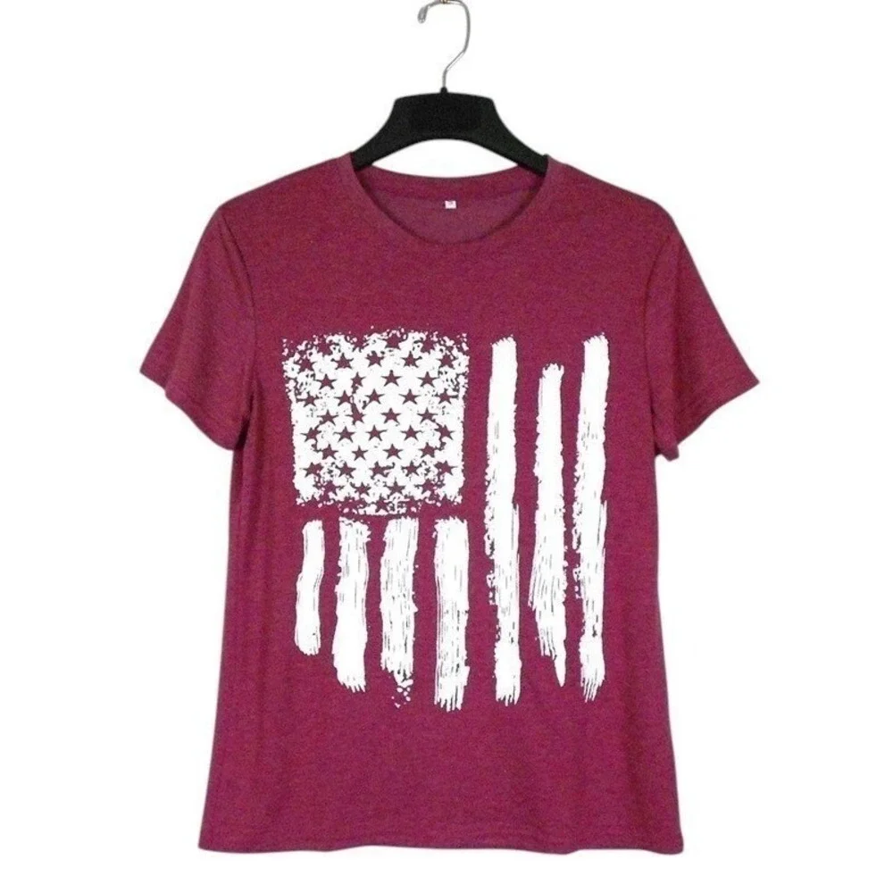 LUKYCILD Top Small Red T-Shirt Distressed American Flag Graphic Print‎